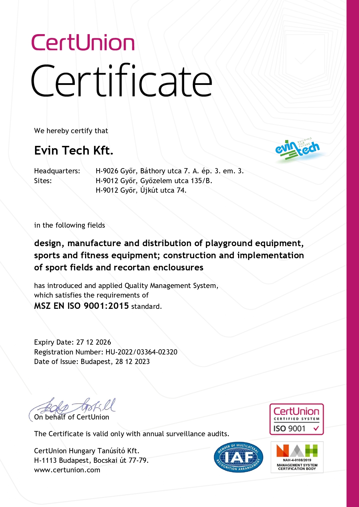 Tanúsítvány_angol_Evin Tech Kft_ISO9001