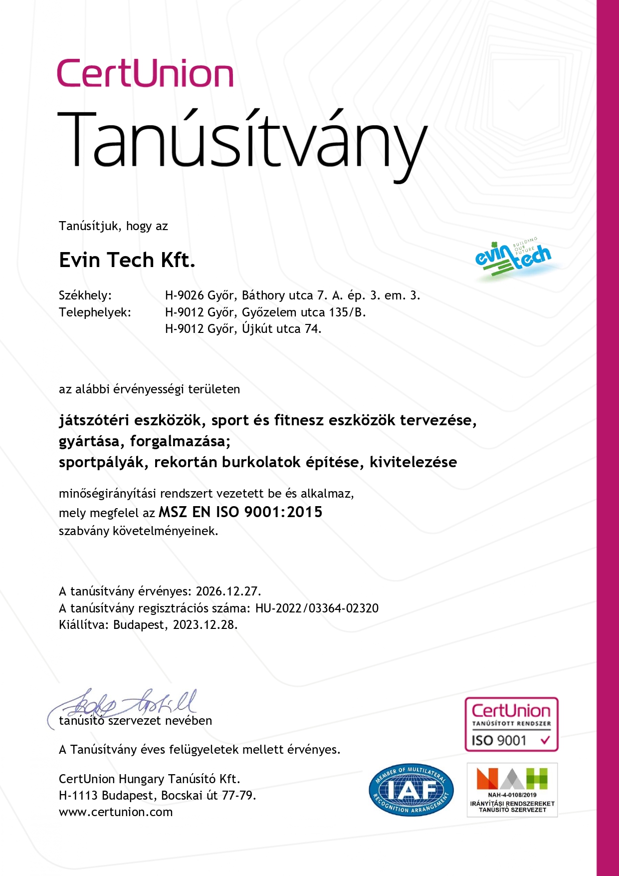 Tanúsítvány_magyar_Evin Tech Kft_ISO9001
